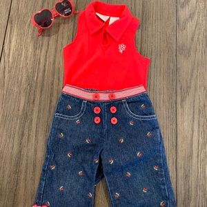 Adorable denim pants with cherries and top